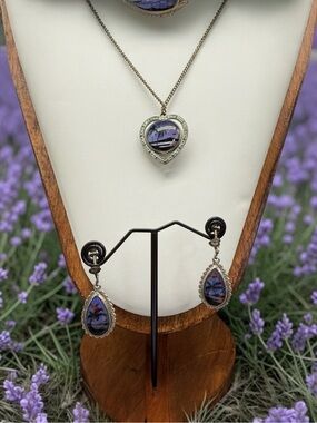 Sterling Silver Blue Morpho Butterfly Wing Earrings & Reversible Necklace Vtg